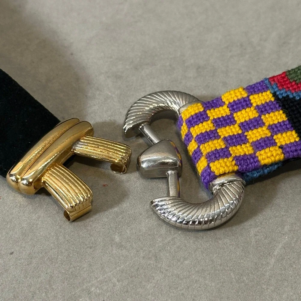 Vintage Needlepoint‎ Belt Mixed Metal Buckle Multi Color Geometric Suede Backed